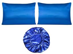 Kit 02 Fronhas +01 Touca De Cetim Dupla Antifrizz (Azul Royal)