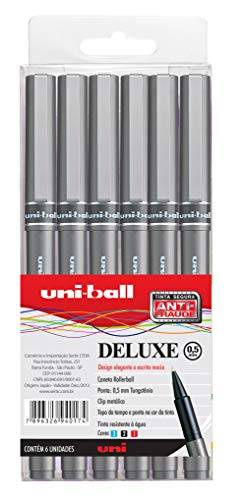 Caneta Rollerbal Deluxe UB 155 Micro 0.5mm, Uni-Ball, Caixa com 6 unidades (3 Azul, 2 Preta e 1 Vermelha)
