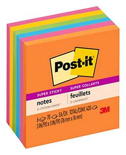 Post-it Super Sticky Notes, 7,6 x 7,6 cm, 6 blocos, 2 x o poder de fixação, coleção Energy Boost, cores brilhantes (laranja, rosa, azul, verde), reciclável (654-6SSAU)