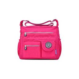 Bolsa feminina de um ombro à prova d'água em tecido de nylon com grande capacidade, vários bolsos, bolsa de moda prática (rosa)