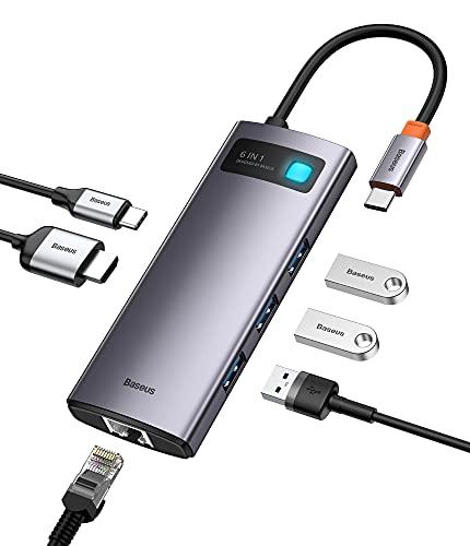 Hub USB C 6 em 1, estação de ancoragem Baseus com HDMI 4K, carregamento PD 100W, 3 portas USB 3.0, porta Ethernet de 1000 Mbps, adaptador USB C compatível com MacBook Pro, Surface, Dell, HP e outros laptops USB-C
