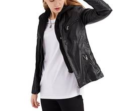 JMKEY Jaqueta de couro PU feminina jaqueta de couro sintético casaco feminino para motociclista com capuz removível tamanho grande