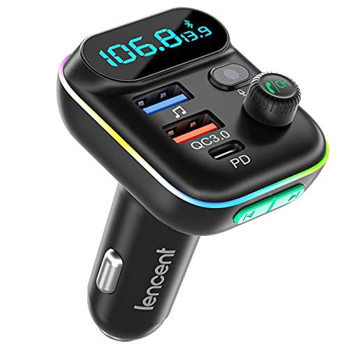 [Versão 2022] LENCENT Bluetooth 5.0 Transmissor FM, Hands Free Car Music Player, 2 USB+Type C Adaptador de Rádio Bluetooth Carregamento Rápido, Suporte de Memória USB