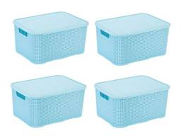 Kit Com 4 Caixas Organizadoras com tampa Rattan 3,5 Litros Decorativa Cor:Azul bebe