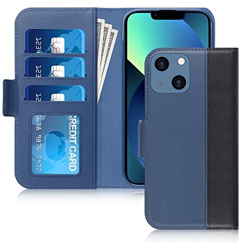 FYY Capa para iPhone 13 5G, [Suporte Magsafe Charging][Couro genuíno] Capa carteira para celular com suporte de cartão Capa protetora à prova de choque para iPhone 13 6,1 azul marinho e preto