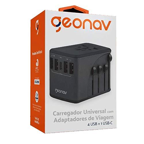 Carregador Universal com Adaptadores de Viagem, 4 Portas USB + 1 USB-C, Preto, TLCH65BK, Geonav