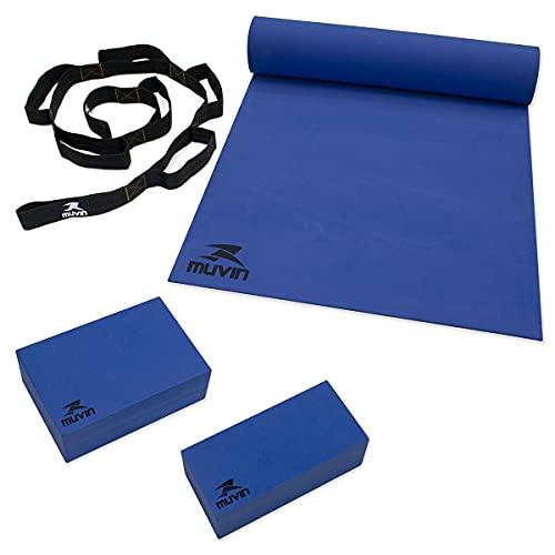 Kit Yoga Muvin Tapete em EVA 180cm x 60cm x 0,5cm + Fita de Alongamento Resistente + Bloco de Yoga 22cm x 8cm x 20cm + Bloco de Yoga 22cm x 8cm x 15cm - Pilates - Ginástica - Treino em Casa (Azul)