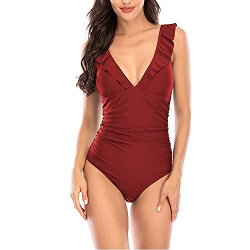 Cotrio Biquínis femininos com decote em V Trajes de banho femininos de uma peça sexy maiô vermelho XL