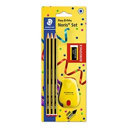 STAEDTLER 120 SBK3P2 Noris edição limitada Happy Birthday pacote com 3 lápis HB grafite Noris, borracha Noris e apontador de banheira Noris