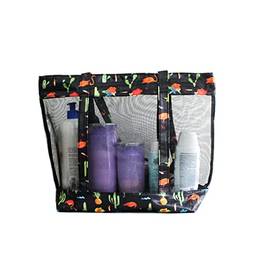 Bolsa de praia feminina Transparente de pvc com estampa e zíper + Nécessaire (Preto Cacto)