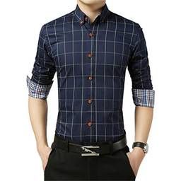 Camisa masculina xadrez com botões e manga comprida casual, Dark Blue, M