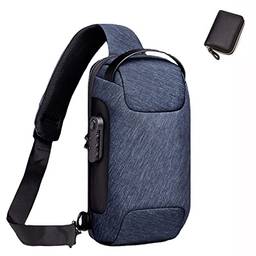 Mochila Sling com porta USB antifurto masculina, bolsa de ombro casual (preta + carteira, pequena), Azul + carteira, P