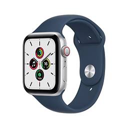 Apple Watch SE (GPS + Cellular), Caixa em alumínio prateado de 44 mm com Pulseira esportiva azul abissal
