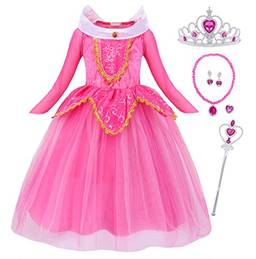 Cotrio Fantasia de Aurora para meninas vestido infantil princesa de mangas compridas para o dia das bruxas trajes cosplay com 5 peças de acessórios 9-10 anos