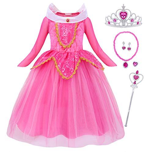 Cotrio Fantasia de Aurora para meninas vestido infantil princesa de mangas compridas para o dia das bruxas trajes cosplay com 5 peças de acessórios 4-5 anos