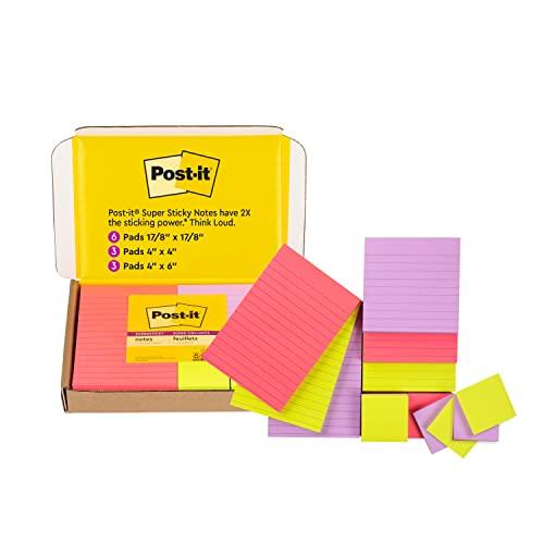 Post-it Super Sticky Notes, coleção exclusiva de cores da Amazon, goiaba, íris, verde neon, 12 blocos/pacote, 90 folhas/bloco, tamanhos variados (4642-12SSMX)