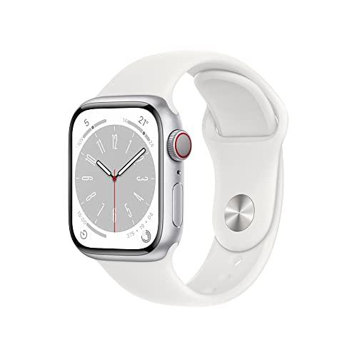 Apple Watch Series 8 (GPS + Cellular), Smartwatch com caixa prateada de alumínio – 41 mm • Pulseira esportiva branca – Padrão
