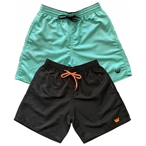 Kit 2 Shorts Moda Praia Bermudas Lisas Siri Relaxado Cordão Neon (Verde Agua e Preto/Laranja, P)