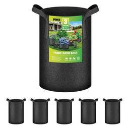iPower Sacos de cultivo de 10 litros, recipiente de aeração para vasos de tecido não tecido com alças para jardim e plantação, 5 unidades (pacote com 1), preto