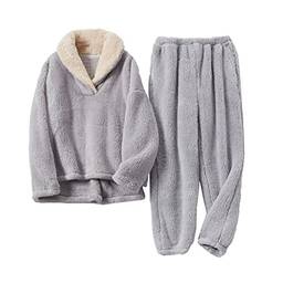 Elonglin Conjunto de Pijamas Feminino Quente Top com Capuz Calças Compridas com Bolsos para Casa Pijamas de Flanela Lã de Coral para Mulheres Cinza M
