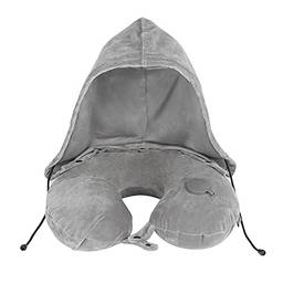 NEARAY Travesseiro de viagem com capuz, Travesseiros de pescoço infláveis apoio de pescoço almofada de corpo carro avião almofadas de soneca de escritório (Cinzo)