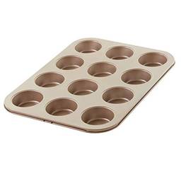 Mimo Style Forma Para Cupcakes Bronze, Com 12 Forminhas na Placa de Aço Carbono e Revestimento Antiaderente Seguro Para Alimentos de Fácil Liberação, Feita de Carbono