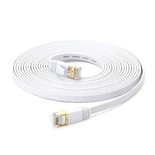 Moniss Cabo Ethernet Cat 7 32AWG Cobre livre de oxigênio 10 Gbps Alta Velocidade 600Mhz Largura de banda plana de Internet Rede LAN Patch Cord, Branco 15m