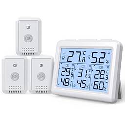 AMIR Termômetro interno e externo, 3 canais, monitor de umidade sem fio com 3 sensores, higrômetro digital com visor LCD, termômetro de ambiente e medidor de umidade para casa, escritório, quarto de bebê, etc.