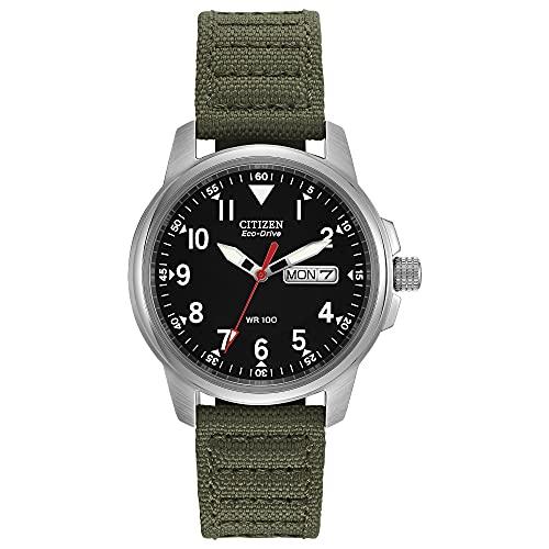 Citizen Relógio masculino Eco-Drive Garrison de aço inoxidável com pulseira de nylon, Weekender, Pulseira verde, mostrador preto, 37 mm, Casual