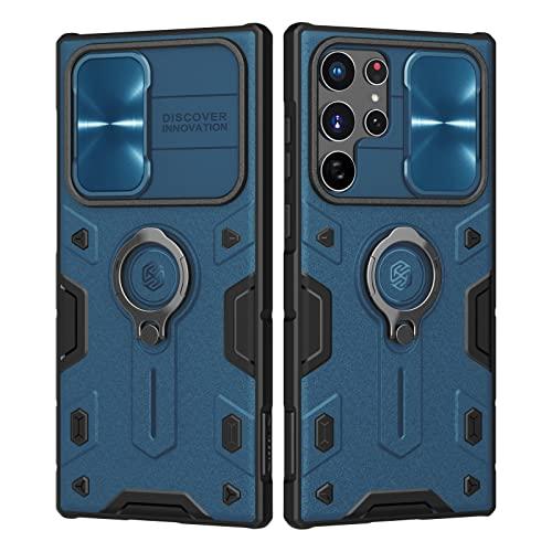Nillkin Capa para Samsung Galaxy S22 Ultra com capa de câmera e suporte, capa de armadura CamShield com proteção de câmera deslizante e suporte de anel rotativo, capa à prova de choque de nível militar, azul