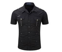 Elonglin Camisa masculina elegante botão 100% algodão manga curta casual camisa slim fit cor sólida, Preto, P
