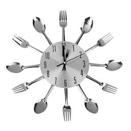 Garneck Relógio de parede com garfo de colher, relógio de parede com talheres para decoração de sala de jantar de cozinha (prata)