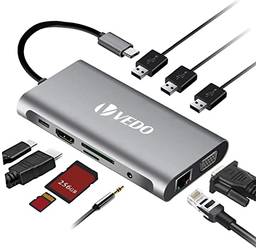 USB Hub C, 10 em 1 Adaptador USB da eEstação de Dock com HDMI, VGA, Porta de Entrega de Energia, Audio SD / TF 3.5mm, 3 USB por Compatível com o MacBook Pro Air e mais Dispositivo Tipo C