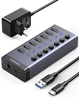 UGREEN Hub USB 3.0 de 7 portas com switch e fonte de alimentação de 24 W (12 V / 2 A), Hub USB 3.0 de 7 portas e 5 Gbps com adaptador de energia de 5 V 2 A e cabo de 1 M Compatível com PC, Macbook