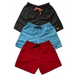 Kit 3 Shorts Lisos Masculinos Cordão Neon Moda Praia Tactel Com Bolsos Relaxado (P, Preto-Laranja, Vermelho E Azul Bebe)