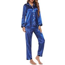 KAJIA Conjunto de pijama feminino de manga comprida com gola entalhada e pijama macio de cetim pijama