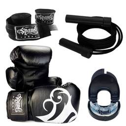 Kit Boxe e Muay Thai com Corda de Pular + Luva de treino + Bandagem com Elasticidade de 3 Metros + Protetor Bucal Moldável com Estojo - Spank (12oz, Preto)