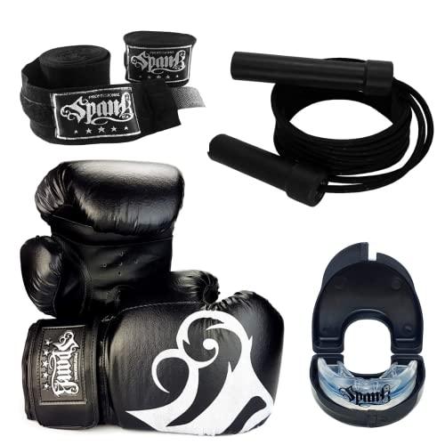 Kit Boxe e Muay Thai com Corda de Pular + Luva de treino + Bandagem com Elasticidade de 3 Metros + Protetor Bucal Moldável com Estojo - Spank (10oz, Preto)