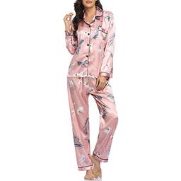 KAJIA Conjunto de pijamas femininos de manga comprida macia de cetim com gola entalhada e pijamas pijamas