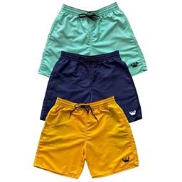 Kit 3 Shorts Lisos Masculinos Cordão Neon Moda Praia Tactel Com Bolsos Relaxado (P, Azul Marinho, Amarelo E Verde Agua)