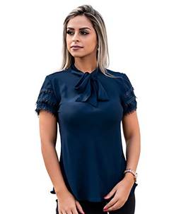Blusa Feminina Social Moda Evangelica Detalhe Laço Renda (Azul Escuro, P)
