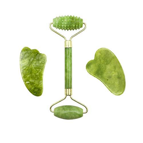 Kit de rolo de jade Anself com pedras de jade e 2 raspadores Gua Sha ferramentas de massagem para cuidados com a pele facial, anti-envelhecimento, rosto, olhos, pescoço, beleza, massageador facial