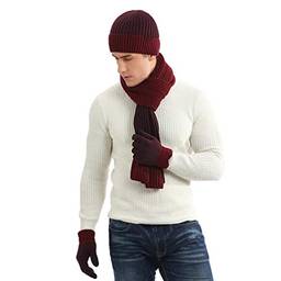 Tendycoco gorro de inverno masculino de malha para homens cachecol de lã com tela sensível ao toque, conjunto de luvas, Claret, 32 x 30 x 4cm