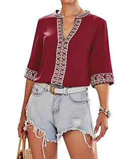 Cotrio Blusa feminina com decote em V Boho estampa bordada tops de camisa verão meia manga casual solta tamanho M vermelho