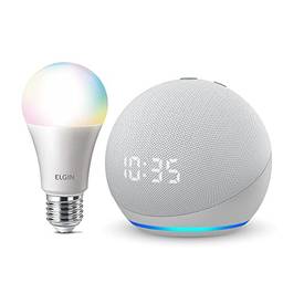 Echo Dot (4ª geração): Smart Speaker com Relógio e Alexa - Cor Branca + Lâmpada Inteligente Elgin