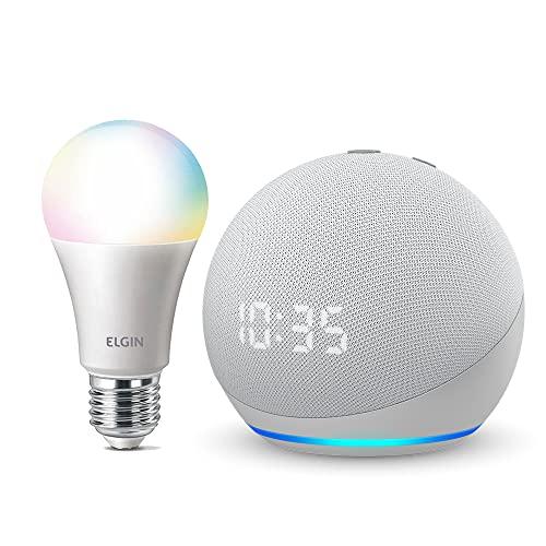 Echo Dot (4ª geração): Smart Speaker com Relógio e Alexa - Cor Branca + Lâmpada Inteligente Elgin