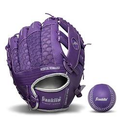 Franklin Sports Conjunto de luvas e bola de Teeball – Luva de tebol Meshtek e espuma de beisebol – Roxo/Prata – 24,13 cm para mão direita