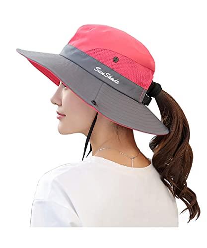 Chapéu de sol feminino com rabo de cavalo proteção UV malha dobrável de aba larga Chapéu de pesca de praia (Melancia vermelha)