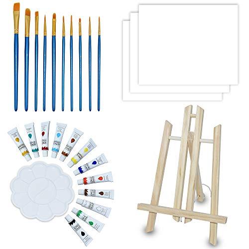 NIECHO Conjunto de pintura acrílica para crianças/iniciantes – Kit de 28 peças de tinta artística com mini cavalete de mesa, 3 telas, 10 pincéis, 12 tintas, paleta e bolsa de transporte