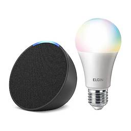 Apresentamos Echo Pop | Smart speaker compacto com som envolvente e Alexa | Cor Preta+ Lâmpada Elgin